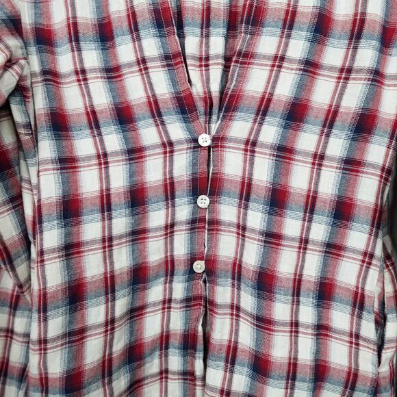 Horny Toad Flannel Tunic Top Sz S Red Cream Plaid Gathered Back Shirt Pockets LS - Picture 12 of 14